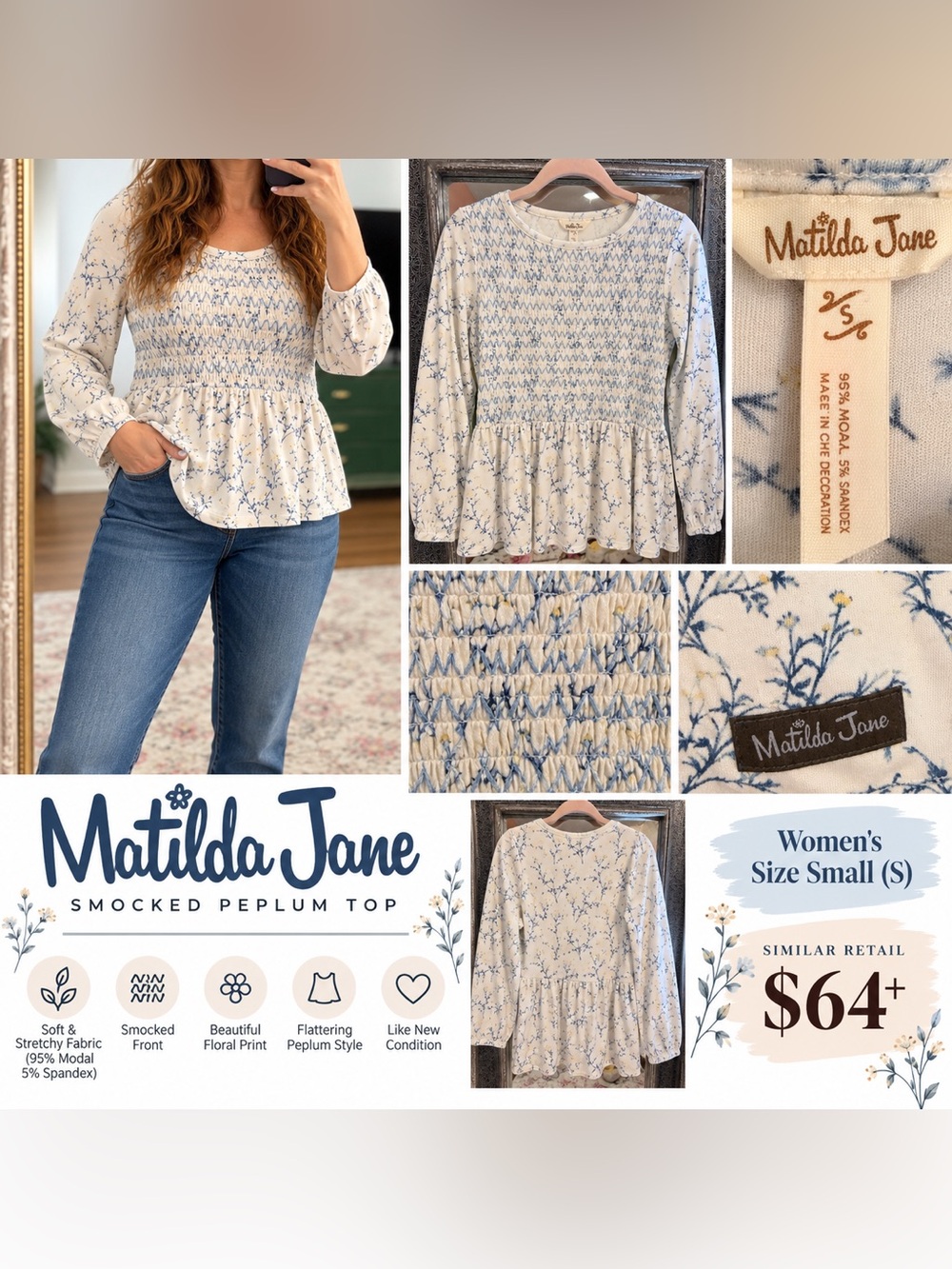 Matilda Jane Cream and Blue Floral Smocked Peplum Top